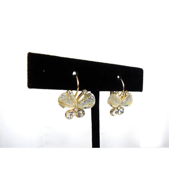 Lever Back Butterfly Earrings Glitter Rhinestones Gold Tone Backing - Picture 2 of 7